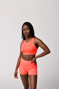 BROOKS Women's Drive 3 Pocket Run Bra (622 - Neo Cayenne Speedscape) -Shoes Fashion Store 350080 622 MF 3 Pocket Sports Bra