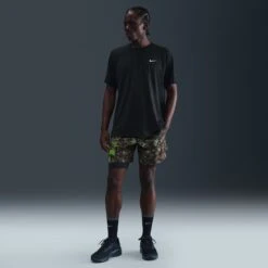 Nike Men's Dri-FIT 7" Brief-Lined Printed Running Shorts (012 - Black/White/Forest Green/Reflective Silver) -Shoes Fashion Store AURORA IH4512 012 PHSFMG01 2000